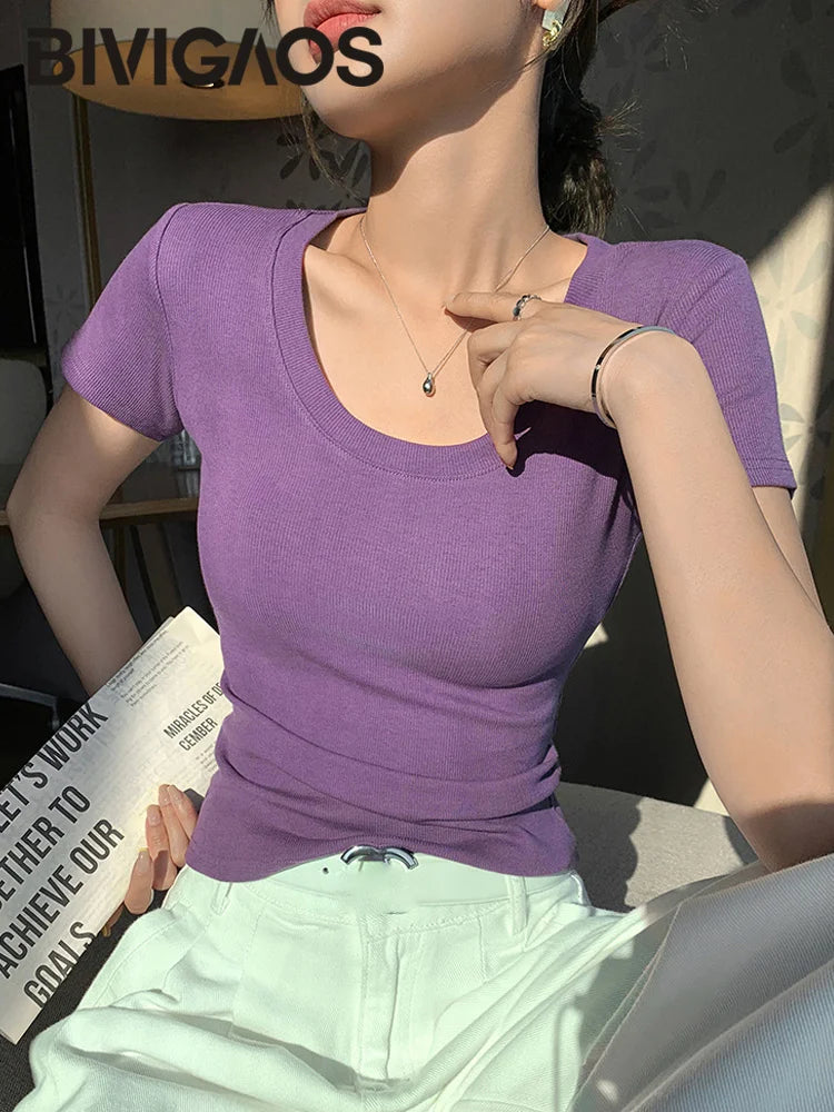 BIVIGAOS Summer New Solid Color U-Neck Short Sleeve T-Shirt Women Casual Fashionable Threaded Cotton Slim Tshirt Top