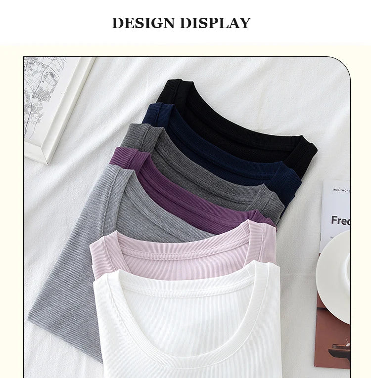 BIVIGAOS Summer New Solid Color U-Neck Short Sleeve T-Shirt Women Casual Fashionable Threaded Cotton Slim Tshirt Top