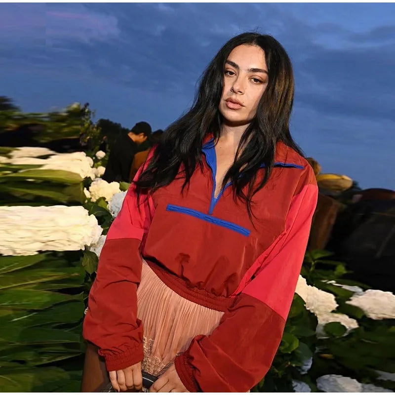 Fashion Color Blocking Women's Cropped Coats Autumn Patchwork Lapel Full Sleeve Loose Jacket New Casual Street Outwear 2026