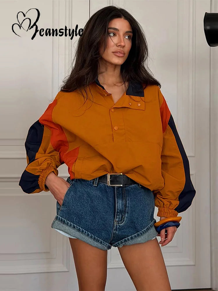 Casual Contrast Color Women's Coat Long Sleeve Loose Stand Collar Button Lady Jackets 2026 Fashion Female Autumn Outerwear