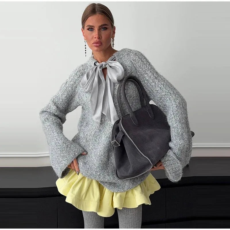 Shiny Thread Knit Pullover Women Loose O Neck Lace Up Bow Long Sleeves Sweater Female 2025 Autumn Winter New Chic Solid Knitwear