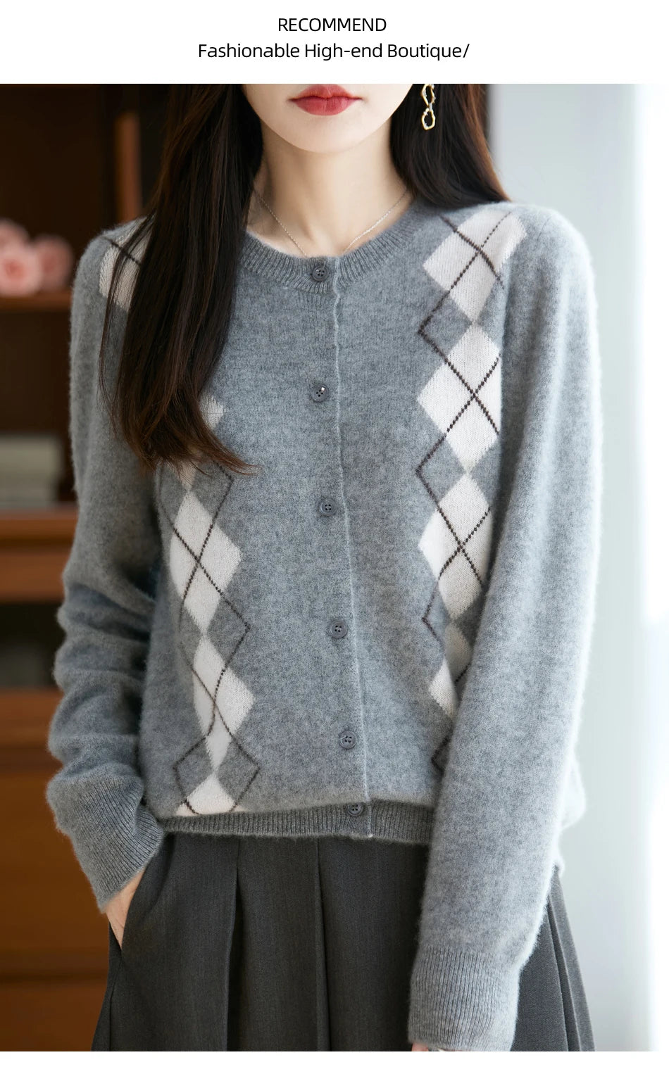 Quality Women's 100% Merino Wool O-neck Diamond Grid Jacquard Cardigan Autumn Winter Casual Sweater Basic Simple Comfort Knitted