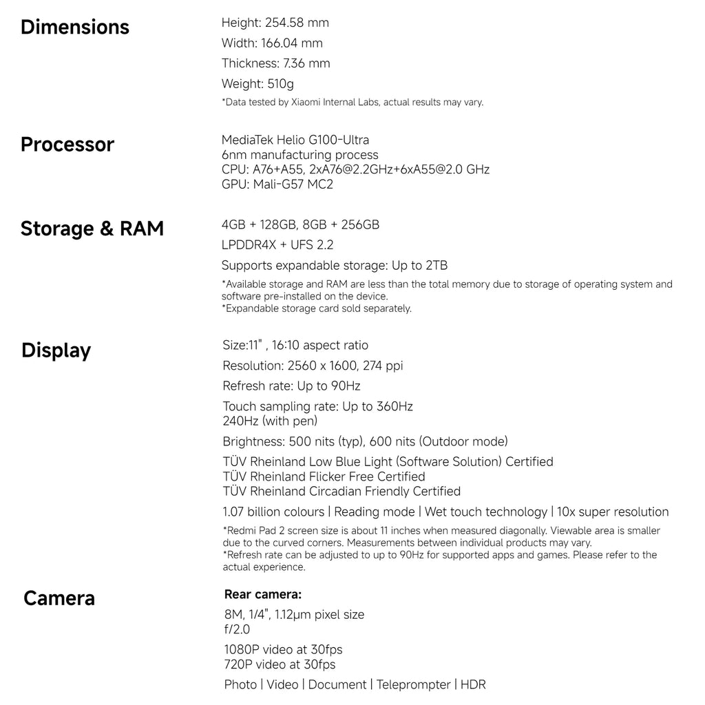 Xiaomi Redmi Pad 2 8+256GB WIFI Global Version MediaTek Helio G100-Ultra HyperOS 2 9000mAh 18W Charging 11" 90Hz 2.5K Display