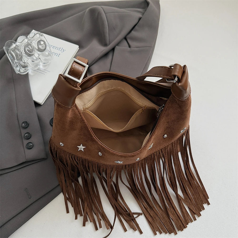 MOODS Fashion Shoulder Bags For Women Rivets Tassels Decored PU Suede Cross Body Bag 2025 Autumn Latest Luxury Designer Handbags