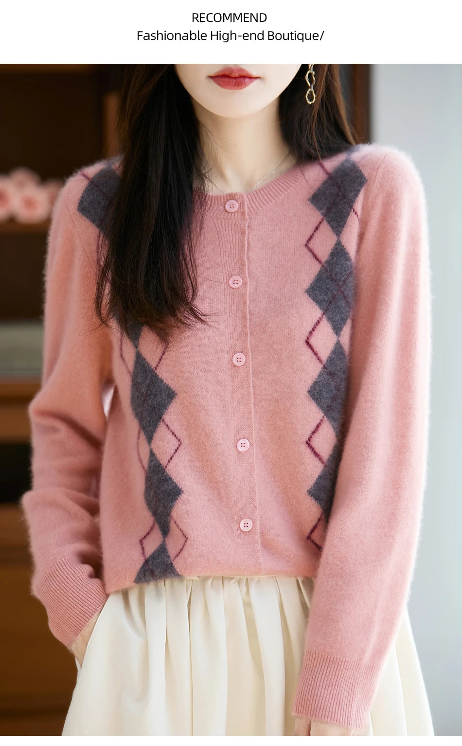 Quality Women's 100% Merino Wool O-neck Diamond Grid Jacquard Cardigan Autumn Winter Casual Sweater Basic Simple Comfort Knitted