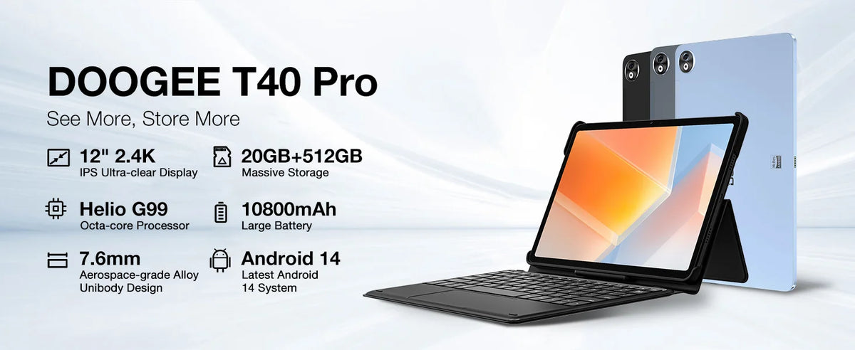 DOOGEE T40 Pro Tablet 12" IPS 2.4K 20GB(8+12) 512GB Helio G99 10800mAh Large Battery Quad Speaker 7.6mm Ultra-thin PC Smart Pad