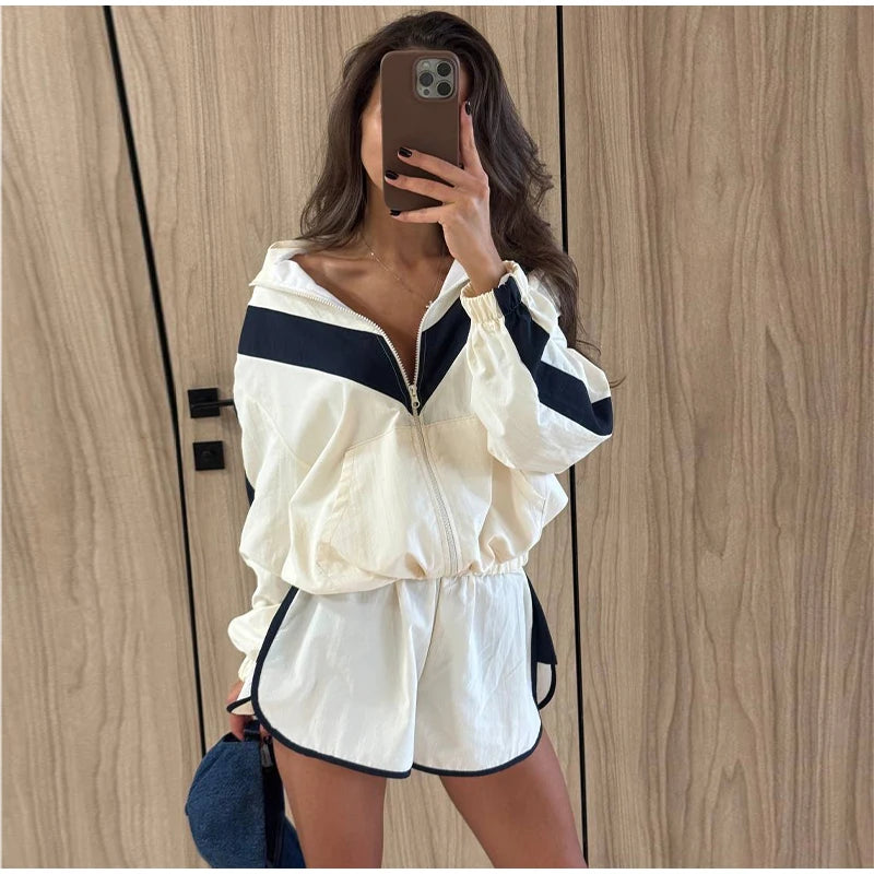 Fashion Color Blocking Women's Cropped Coats Autumn Patchwork Lapel Full Sleeve Loose Jacket New Casual Street Outwear 2026