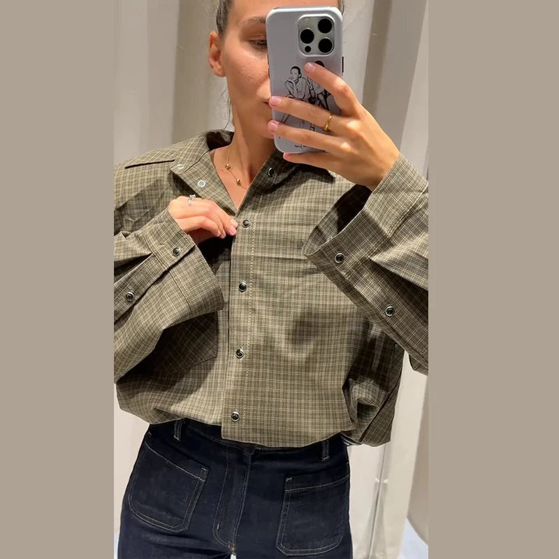 Casual Women's Grid Shirts Shoulder Pad Turn-Down Collar Button Loose Lady Shirt 2026 Spring Fashion Female Street Outwear