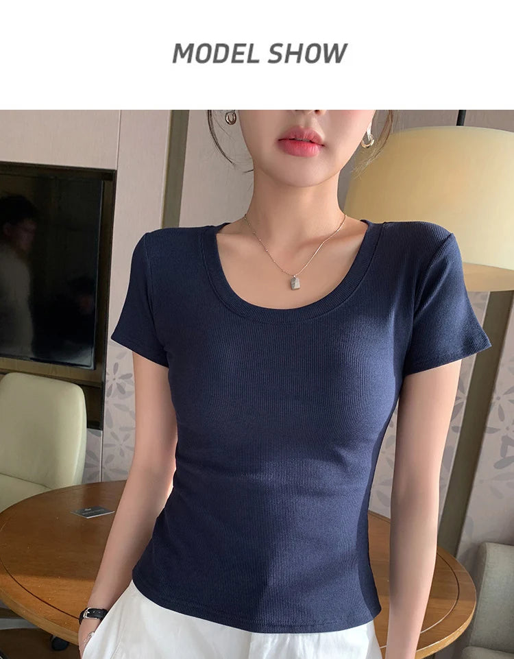 BIVIGAOS Summer New Solid Color U-Neck Short Sleeve T-Shirt Women Casual Fashionable Threaded Cotton Slim Tshirt Top