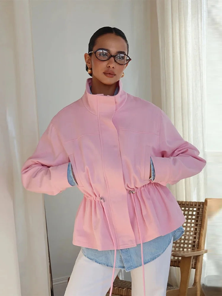 Fashion Solid Drawstring Waist Cinching Jacket Women Stand Full Sleeve Full Sleeve Pocket Jackets 2026 Autumn Casual Outwear