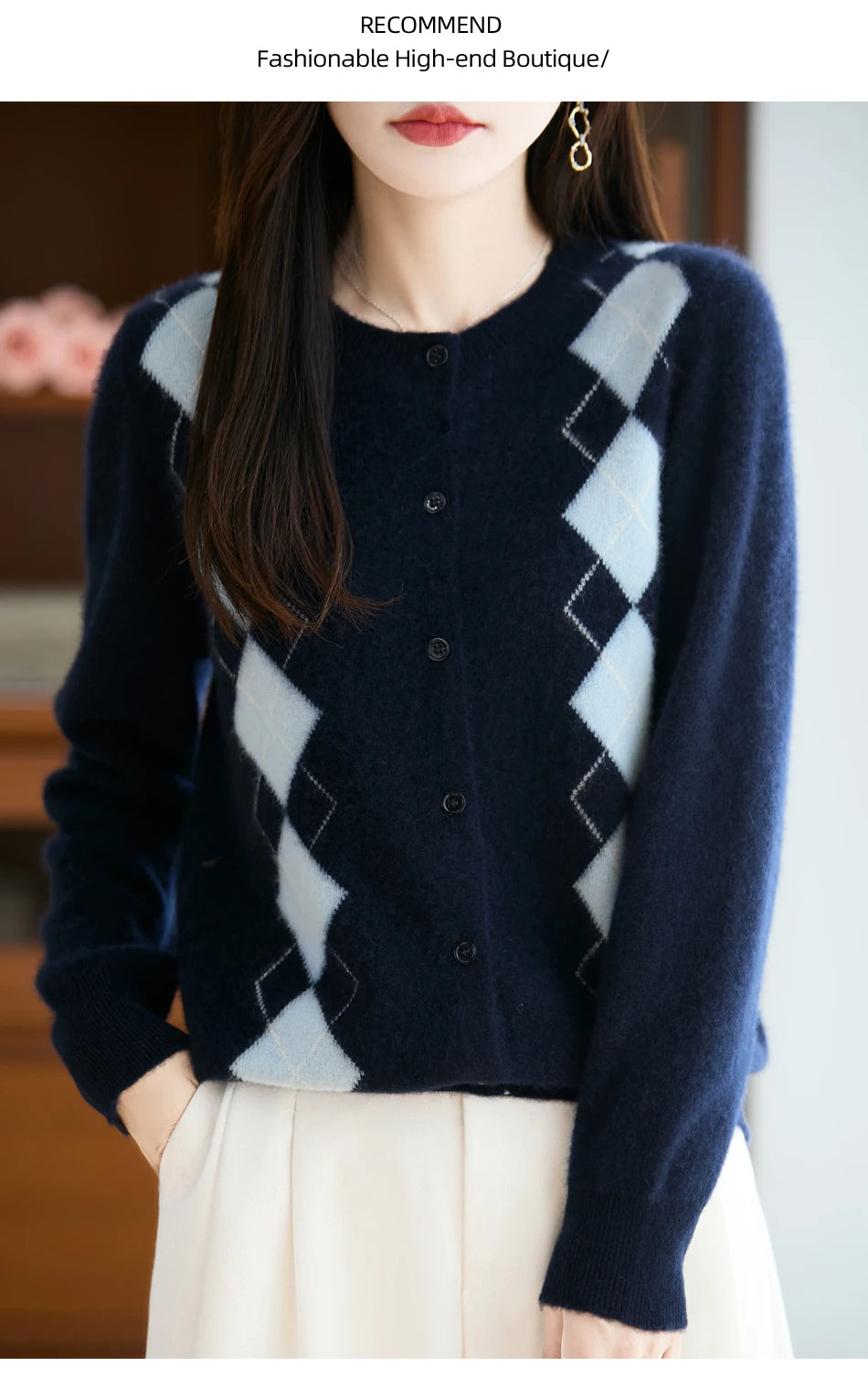 Quality Women's 100% Merino Wool O-neck Diamond Grid Jacquard Cardigan Autumn Winter Casual Sweater Basic Simple Comfort Knitted