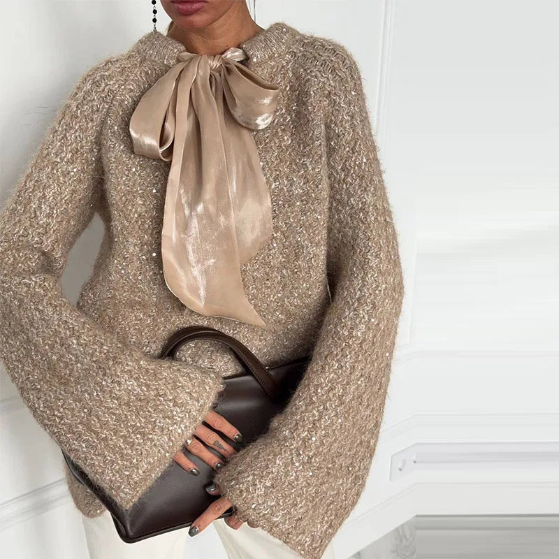 Shiny Thread Knit Pullover Women Loose O Neck Lace Up Bow Long Sleeves Sweater Female 2025 Autumn Winter New Chic Solid Knitwear