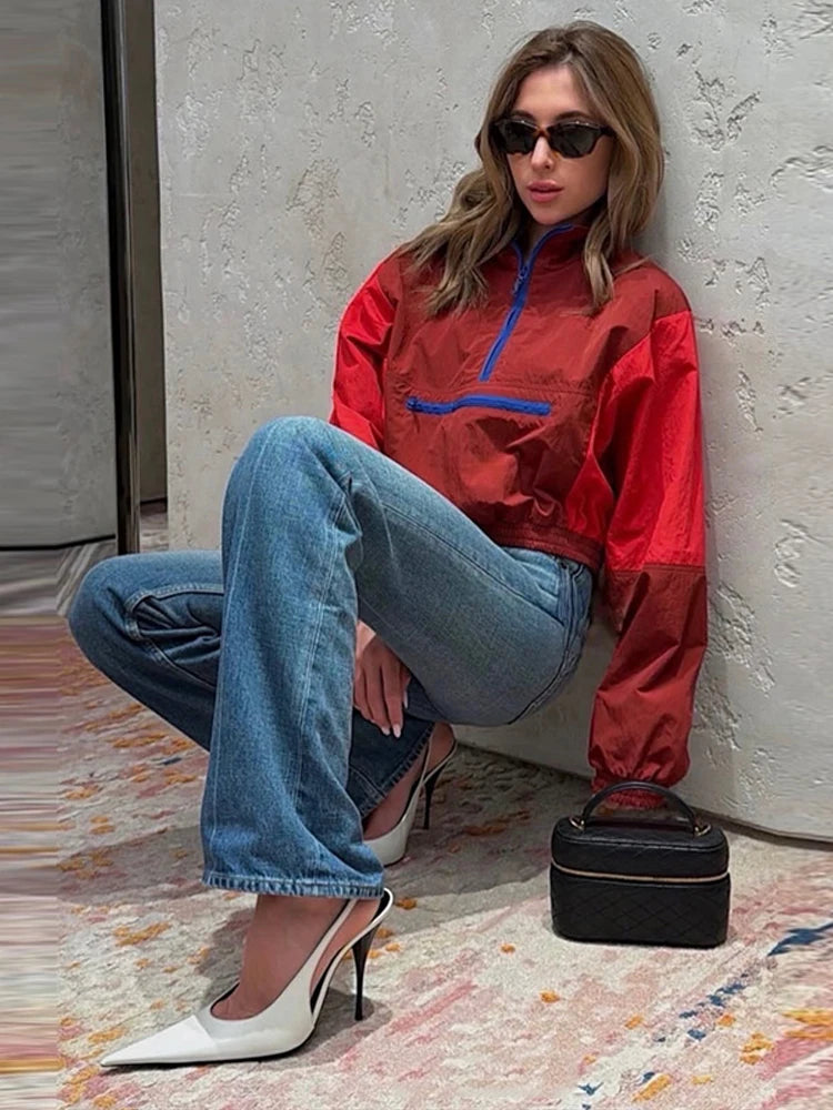 Casual Contrast Color Women's Coat Long Sleeve Loose Stand Collar Button Lady Jackets 2026 Fashion Female Autumn Outerwear