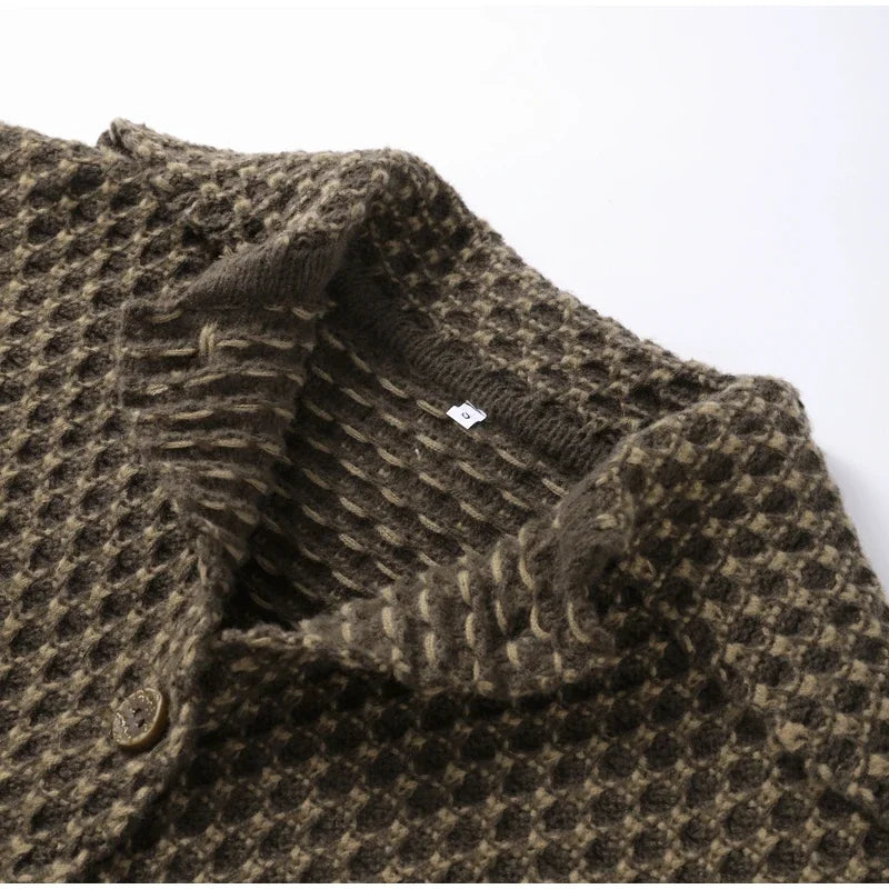 Fashion Lapel Plaid Knit Cardigan Women Loose Single Breasted Pocket Warm Jackets 2025 Autumn Winter Chic Lady Knitwear New Coat