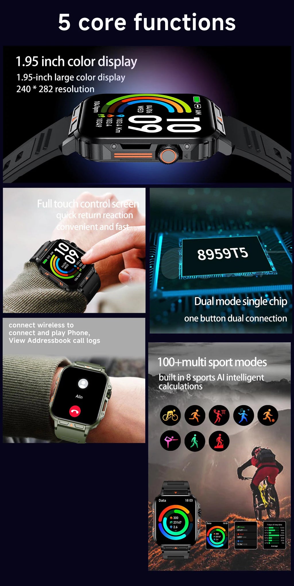 New Smartwatch 1.95 Inch Screen Health Monitoring Watches Android IOS IP68 Waterproof  Sport Fitness Smart Watch For Men Women