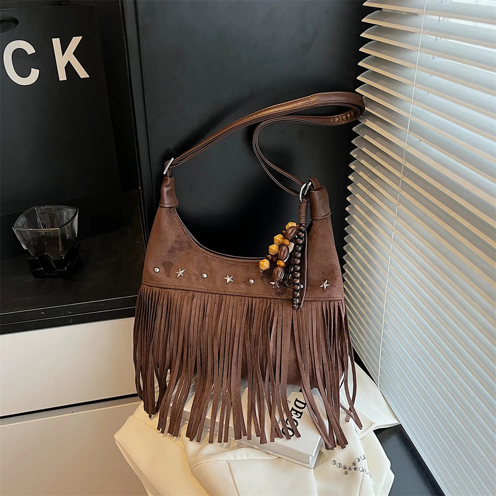 MOODS Fashion Shoulder Bags For Women Rivets Tassels Decored PU Suede Cross Body Bag 2025 Autumn Latest Luxury Designer Handbags