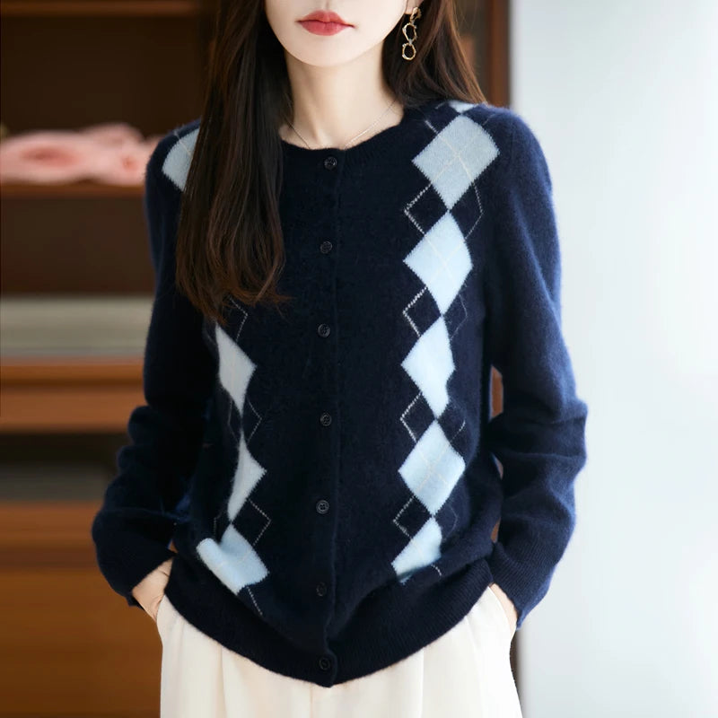 Quality Women's 100% Merino Wool O-neck Diamond Grid Jacquard Cardigan Autumn Winter Casual Sweater Basic Simple Comfort Knitted