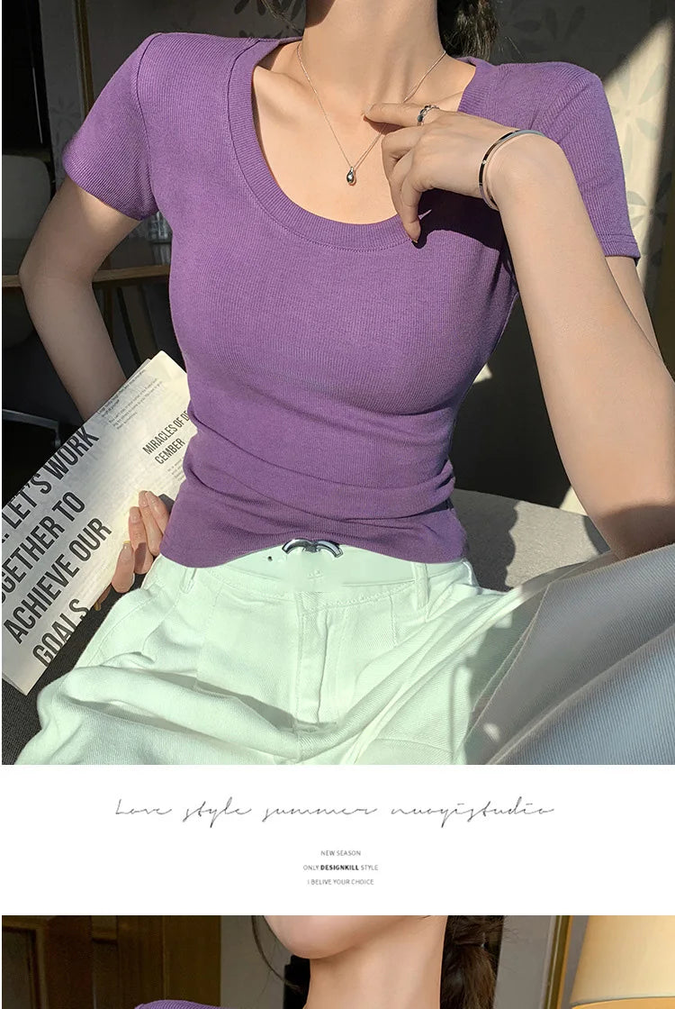 BIVIGAOS Summer New Solid Color U-Neck Short Sleeve T-Shirt Women Casual Fashionable Threaded Cotton Slim Tshirt Top