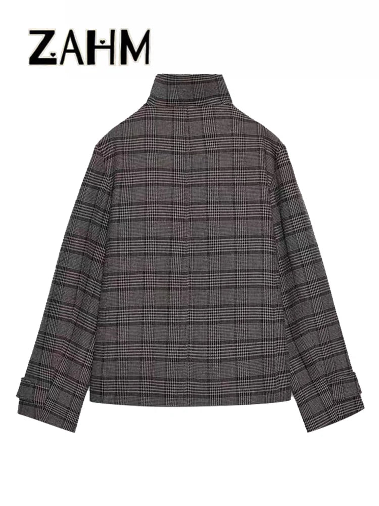 Elegant Plaid Woolen Jacket Women Loose Full Sleeve Stand Collar Double Breasted Coat Female 2026 Spring Chic Outwear Lady New