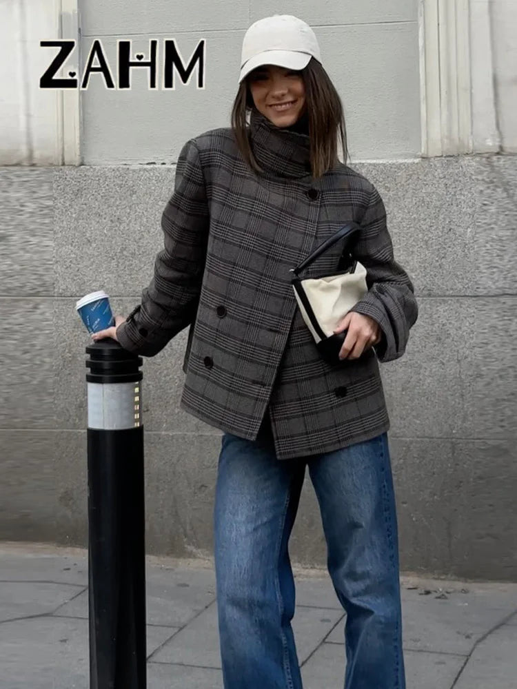 Elegant Plaid Woolen Jacket Women Loose Full Sleeve Stand Collar Double Breasted Coat Female 2026 Spring Chic Outwear Lady New