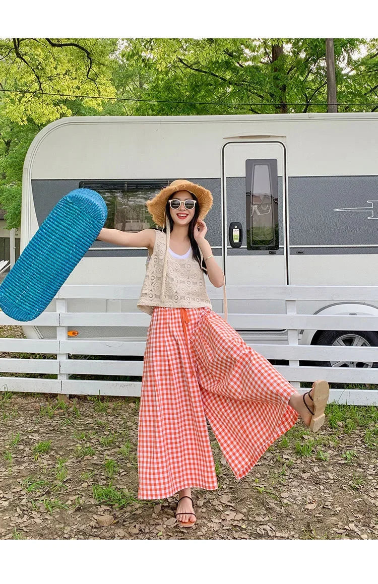 Plaid Wide-leg Skort Women's Spring Autumn New Elastic Waist A- line Half Umbrella Skirt Loose-fit Versatile Casual Trousers