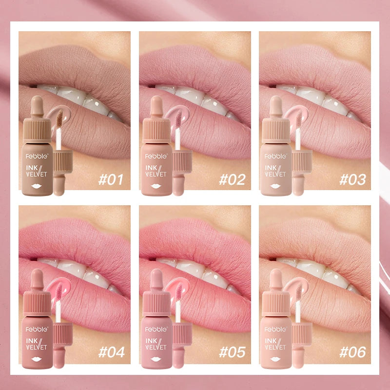 Febble 6 Color Matte Lip Gloss Nude Velvet Liquid Lipstick Multifunctional Long-lasting Lip Cosmetics Suitable for Autumn Winter
