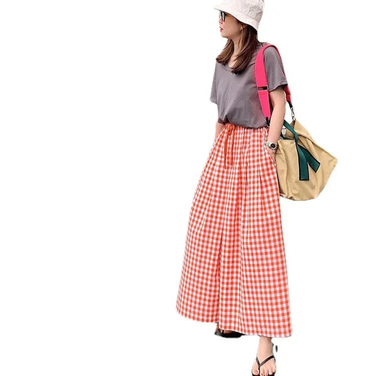 Plaid Wide-leg Skort Women's Spring Autumn New Elastic Waist A- line Half Umbrella Skirt Loose-fit Versatile Casual Trousers