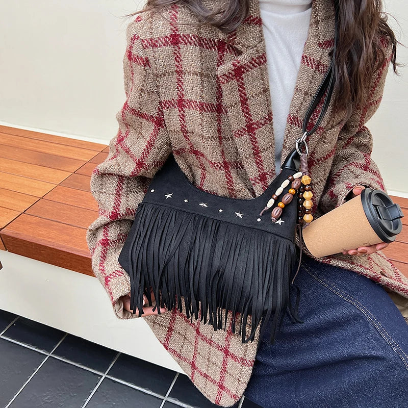 MOODS Fashion Shoulder Bags For Women Rivets Tassels Decored PU Suede Cross Body Bag 2025 Autumn Latest Luxury Designer Handbags