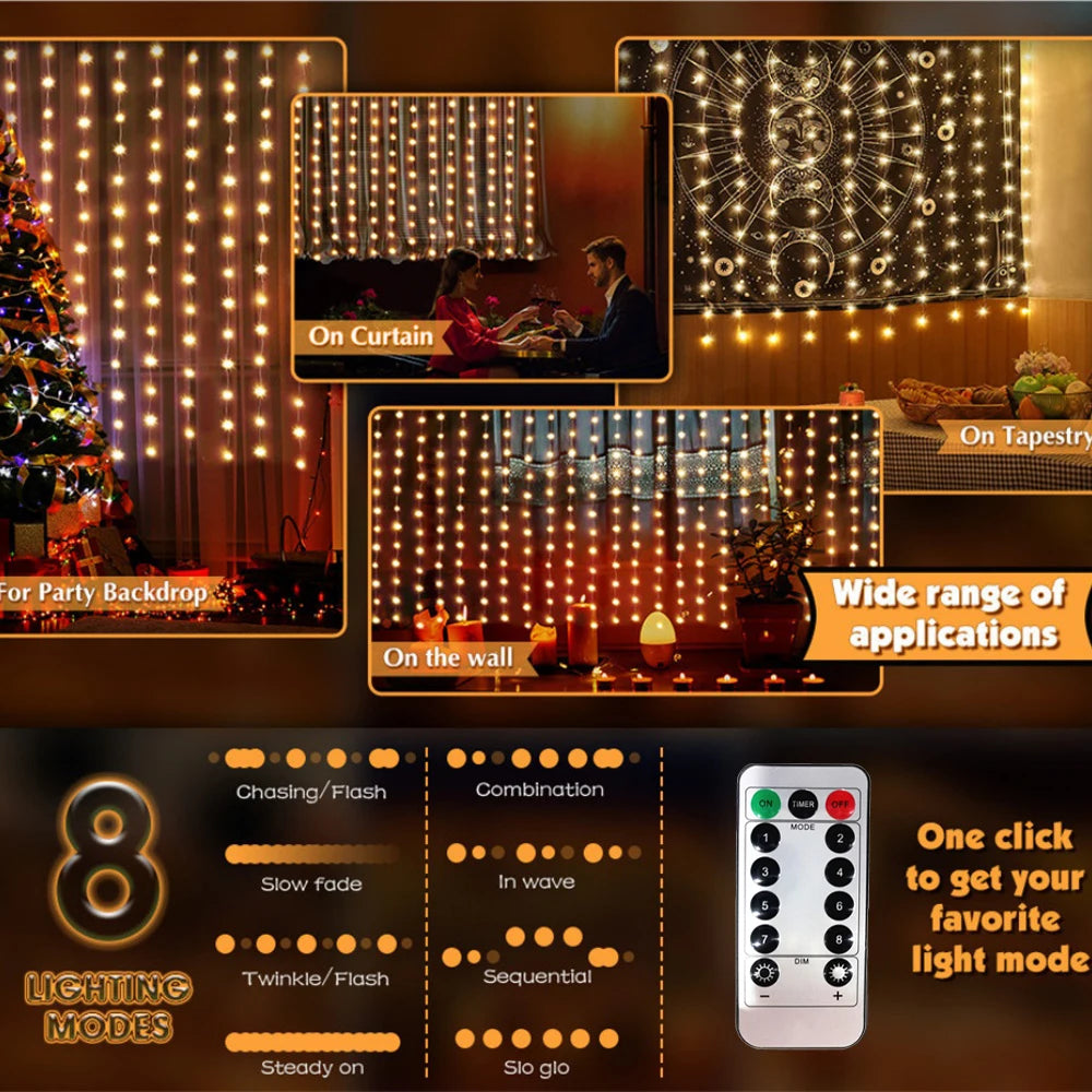 Christmas Lights LED Fairy String Curtain Lights 8 Mode Remote USB Festoon Christmas Decor For Home Holiday New Year Lamp