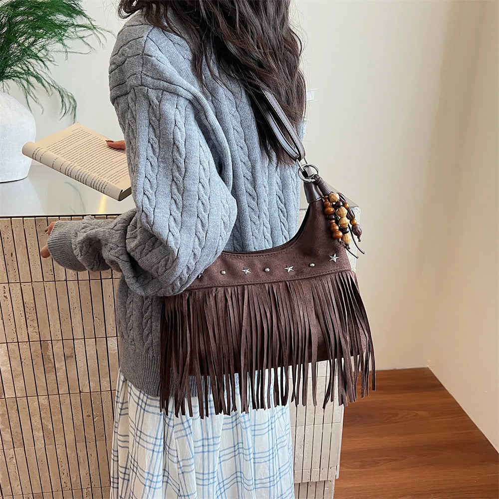 MOODS Fashion Shoulder Bags For Women Rivets Tassels Decored PU Suede Cross Body Bag 2025 Autumn Latest Luxury Designer Handbags
