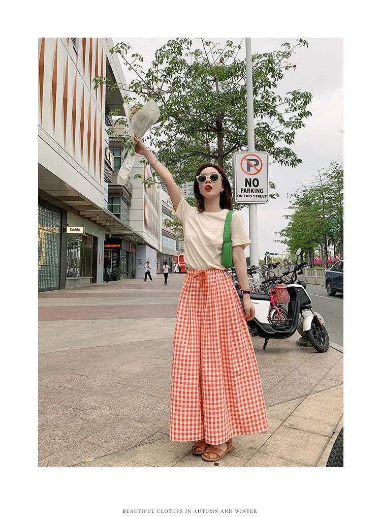 Plaid Wide-leg Skort Women's Spring Autumn New Elastic Waist A- line Half Umbrella Skirt Loose-fit Versatile Casual Trousers