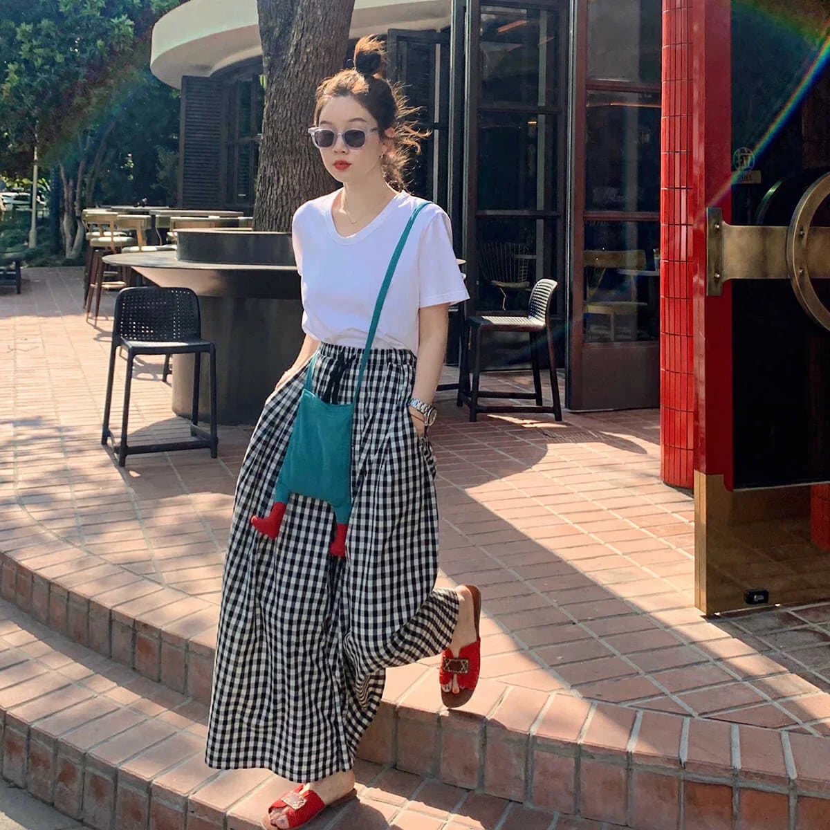 Plaid Wide-leg Skort Women's Spring Autumn New Elastic Waist A- line Half Umbrella Skirt Loose-fit Versatile Casual Trousers