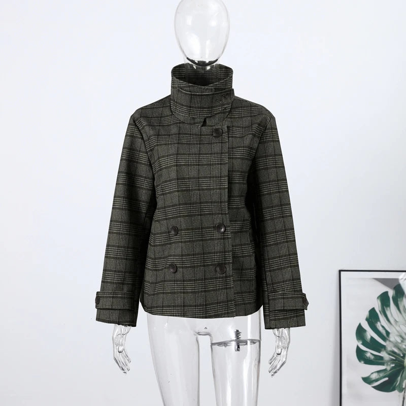 Elegant Plaid Woolen Jacket Women Loose Full Sleeve Stand Collar Double Breasted Coat Female 2026 Spring Chic Outwear Lady New