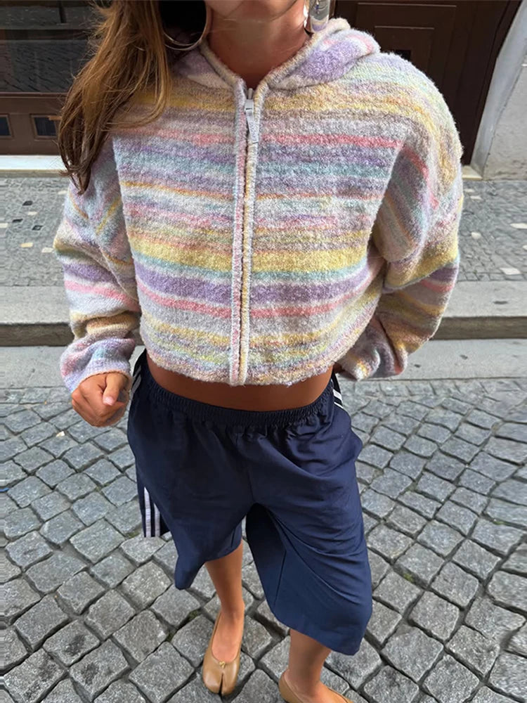 Knitted Rainbow Sweater Woman Hooded Cardigan Colorful Loose Knitwear Long Sleeve Jacket Zipper Coats Autumn Winter Outerwears