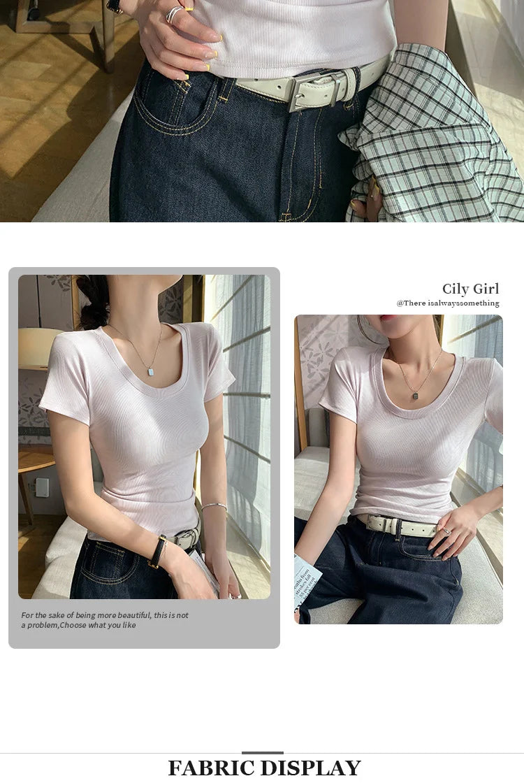 BIVIGAOS Summer New Solid Color U-Neck Short Sleeve T-Shirt Women Casual Fashionable Threaded Cotton Slim Tshirt Top