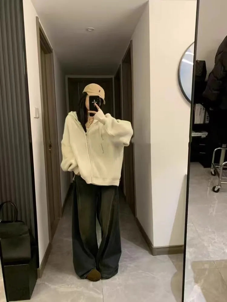 High-end zipper hooded pure cashmere knitted cardigan women's autumn and winter loose woolen coat hoodie and wool jacket