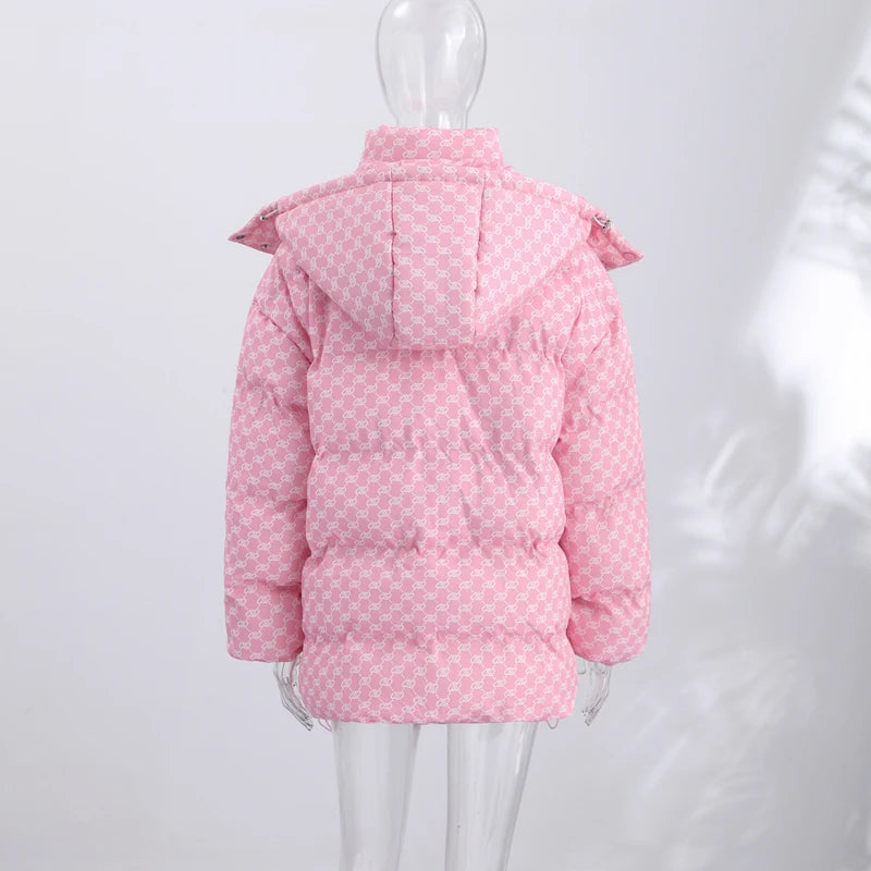 2026 Winter Printed Hooded Puffer Coat Stand Collar Zip Up Big Pockets Women Street Casual Daily Fashion Outfit Trendy Outerwear