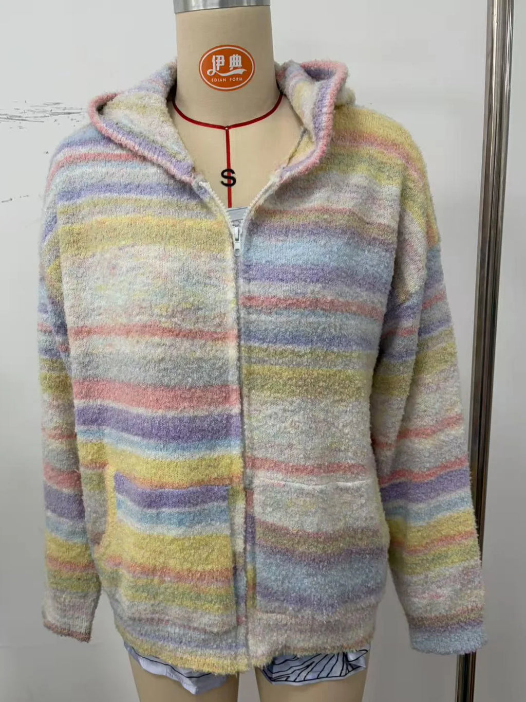 Knitted Rainbow Sweater Woman Hooded Cardigan Colorful Loose Knitwear Long Sleeve Jacket Zipper Coats Autumn Winter Outerwears