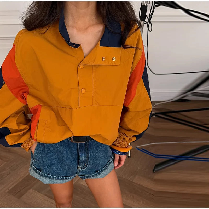 Casual Contrast Color Women's Coat Long Sleeve Loose Stand Collar Button Lady Jackets 2026 Fashion Female Autumn Outerwear