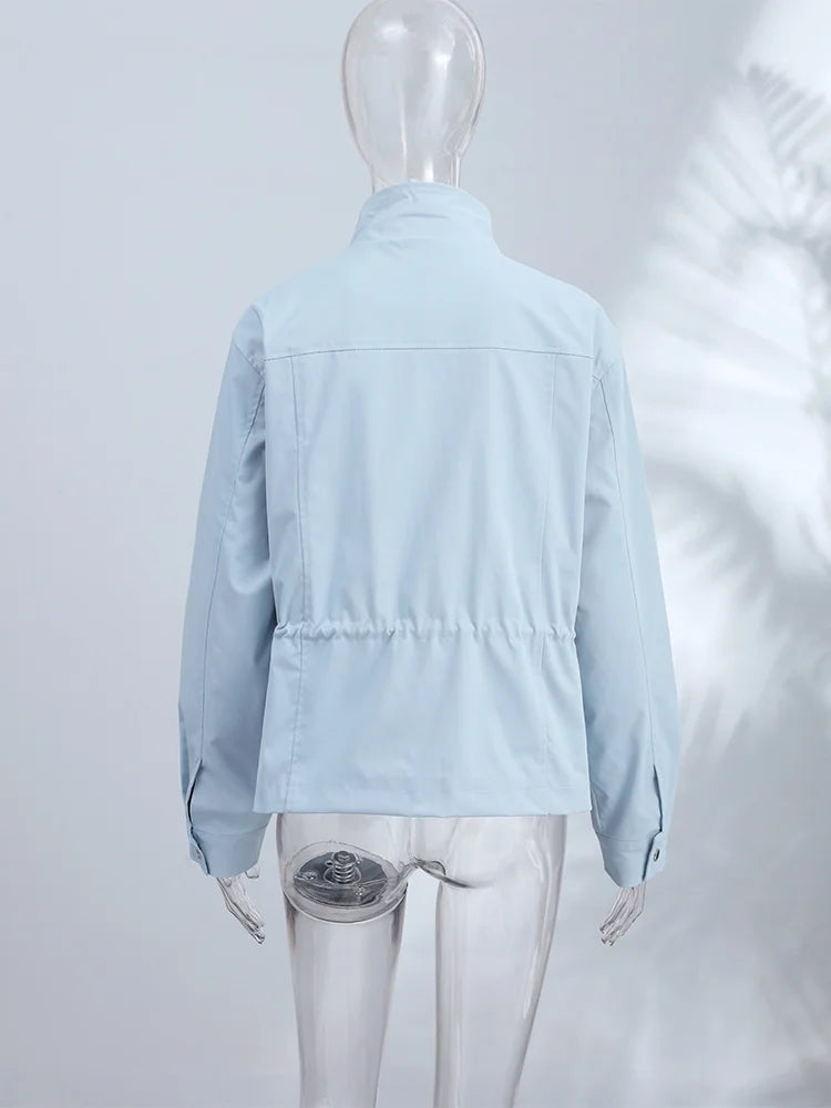 Fashion Solid Drawstring Waist Cinching Jacket Women Stand Full Sleeve Full Sleeve Pocket Jackets 2026 Autumn Casual Outwear
