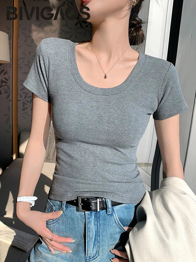 BIVIGAOS Summer New Solid Color U-Neck Short Sleeve T-Shirt Women Casual Fashionable Threaded Cotton Slim Tshirt Top