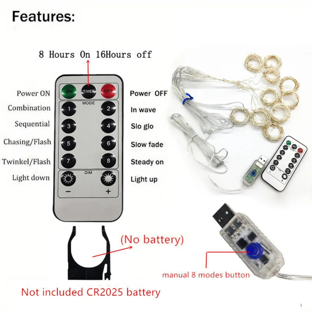 Christmas Lights LED Fairy String Curtain Lights 8 Mode Remote USB Festoon Christmas Decor For Home Holiday New Year Lamp