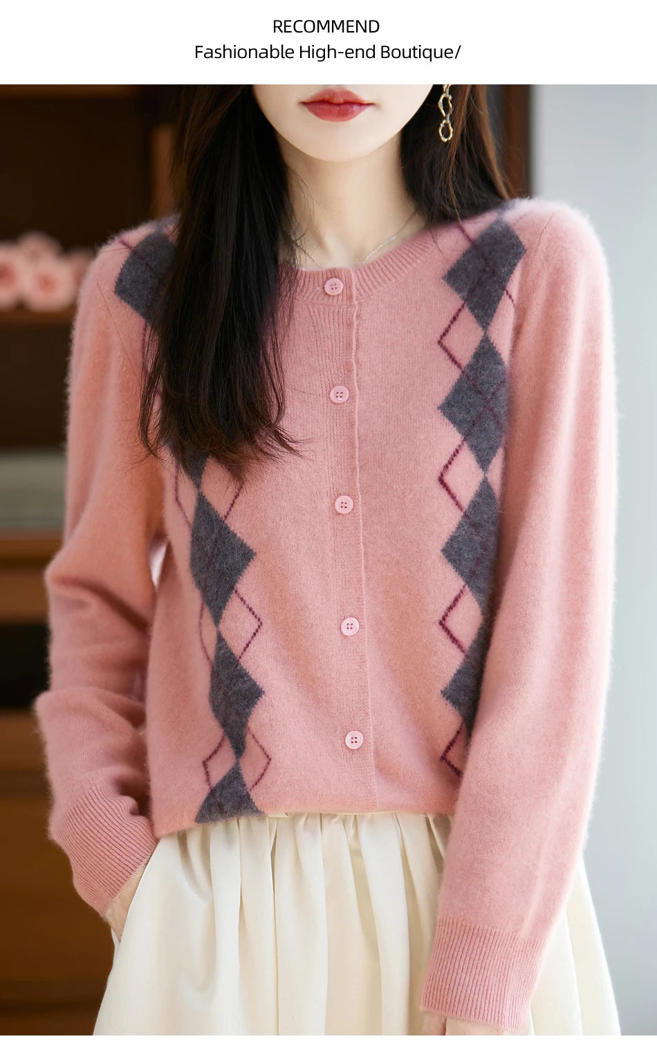 Quality Women's 100% Merino Wool O-neck Diamond Grid Jacquard Cardigan Autumn Winter Casual Sweater Basic Simple Comfort Knitted