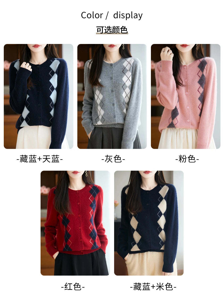 Quality Women's 100% Merino Wool O-neck Diamond Grid Jacquard Cardigan Autumn Winter Casual Sweater Basic Simple Comfort Knitted