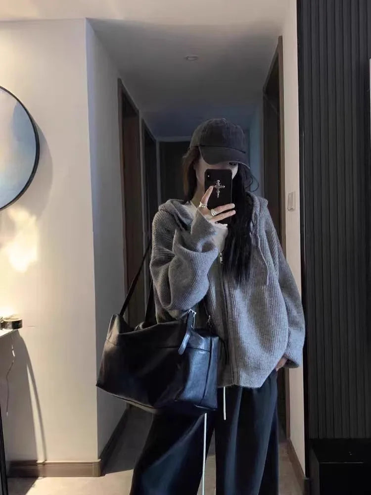 High-end zipper hooded pure cashmere knitted cardigan women's autumn and winter loose woolen coat hoodie and wool jacket