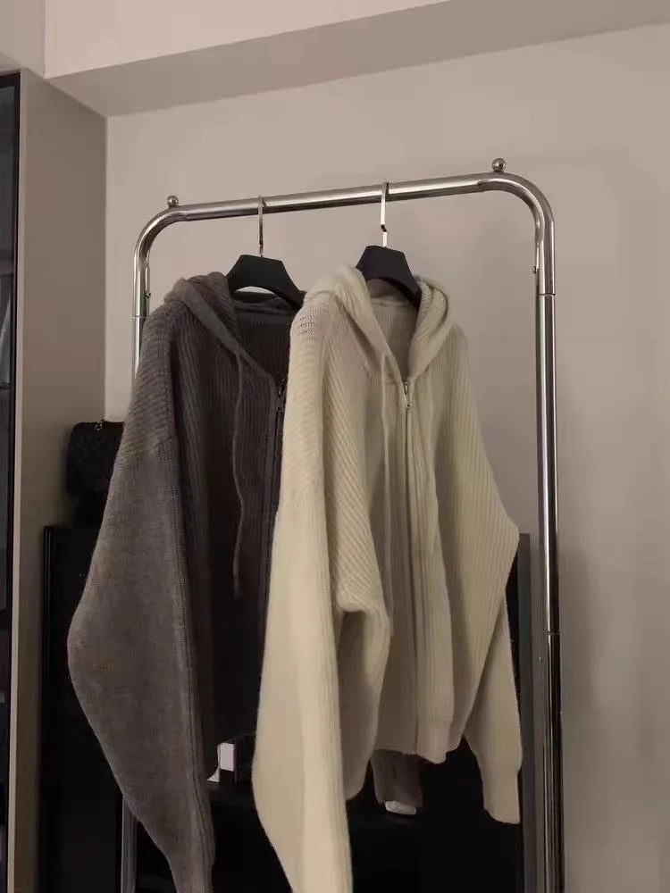 High-end zipper hooded pure cashmere knitted cardigan women's autumn and winter loose woolen coat hoodie and wool jacket
