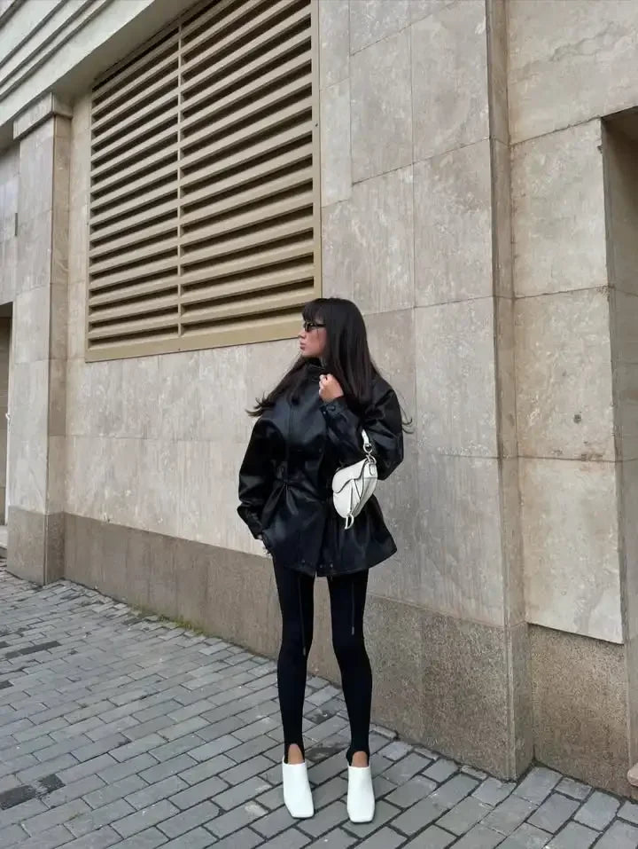 Solid Glossy Leather Jacket Women Fashion Stand Collar Zipper Pocket Cinched-waist Coat Autumn Lady Daily High Street Overcoat