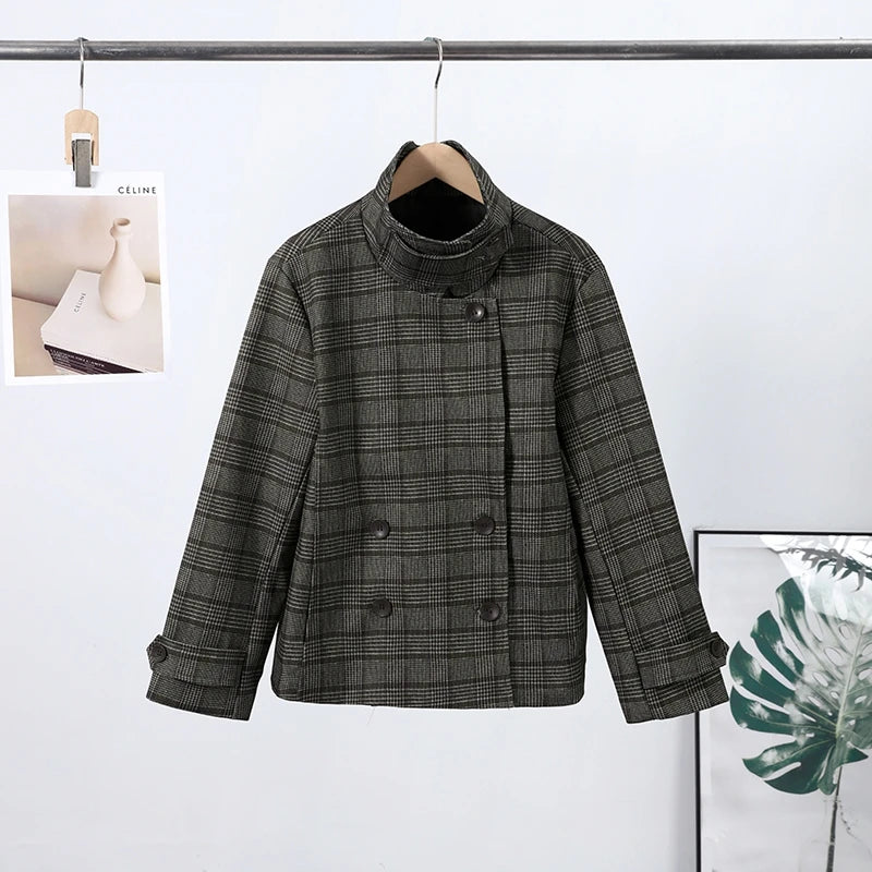 Elegant Plaid Woolen Jacket Women Loose Full Sleeve Stand Collar Double Breasted Coat Female 2026 Spring Chic Outwear Lady New
