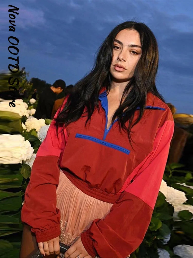 Fashion Color Blocking Women's Cropped Coats Autumn Patchwork Lapel Full Sleeve Loose Jacket New Casual Street Outwear 2026