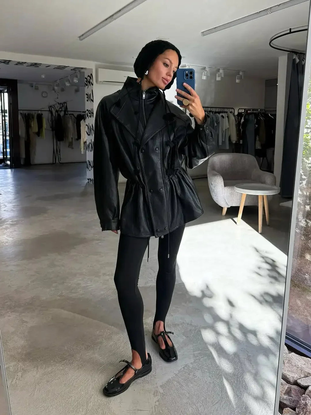 Solid Glossy Leather Jacket Women Fashion Stand Collar Zipper Pocket Cinched-waist Coat Autumn Lady Daily High Street Overcoat